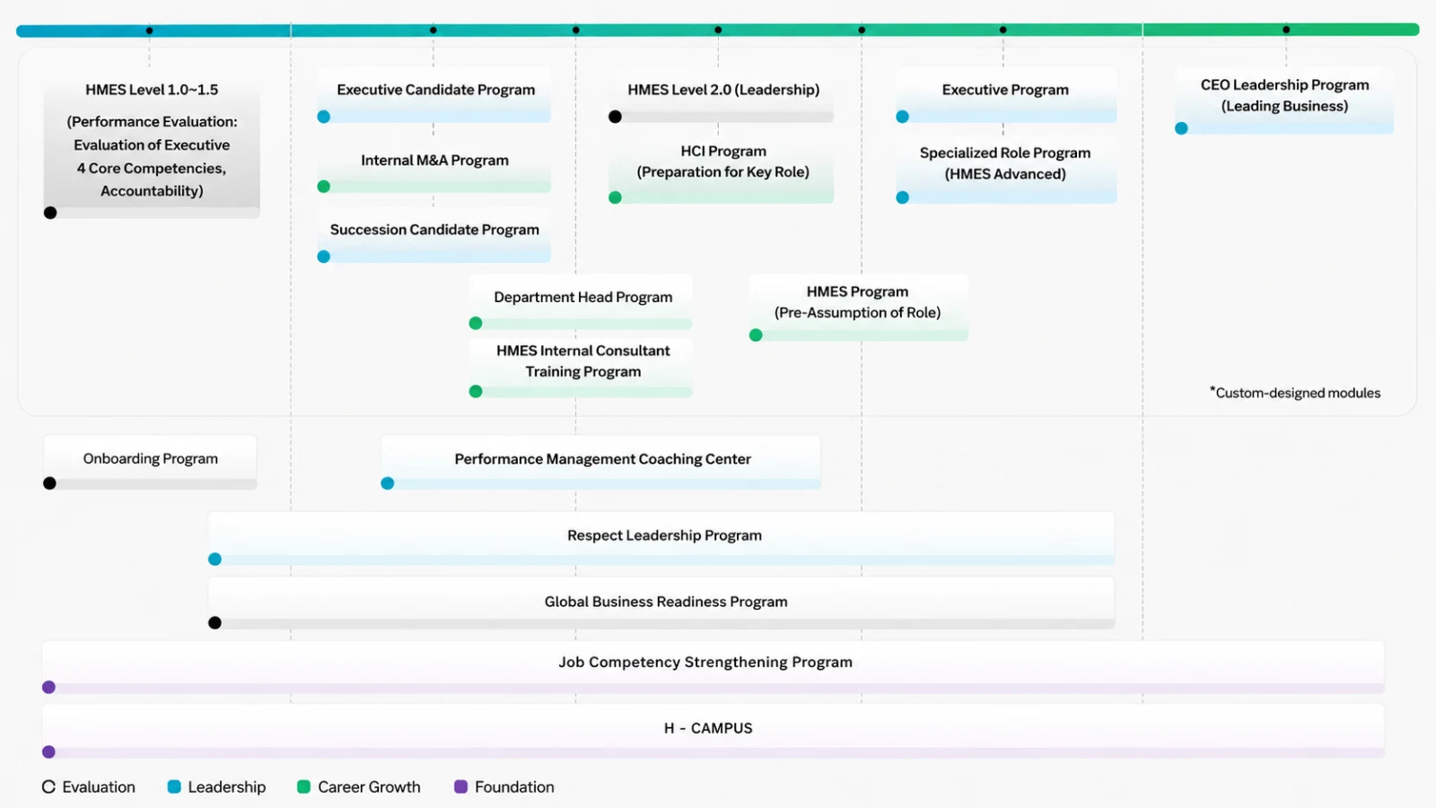 Hansol leader development roadmap — programs for Individual Contributor, Accountable Owner, Leader, Executive, and CEO levels (HMES Level / Executive Candidate / Internal M&A / HCI / Specialized Role / CEO Leadership / Respect Leadership / Global Business Readiness / Job Competency Strengthening / H-CAMPUS)