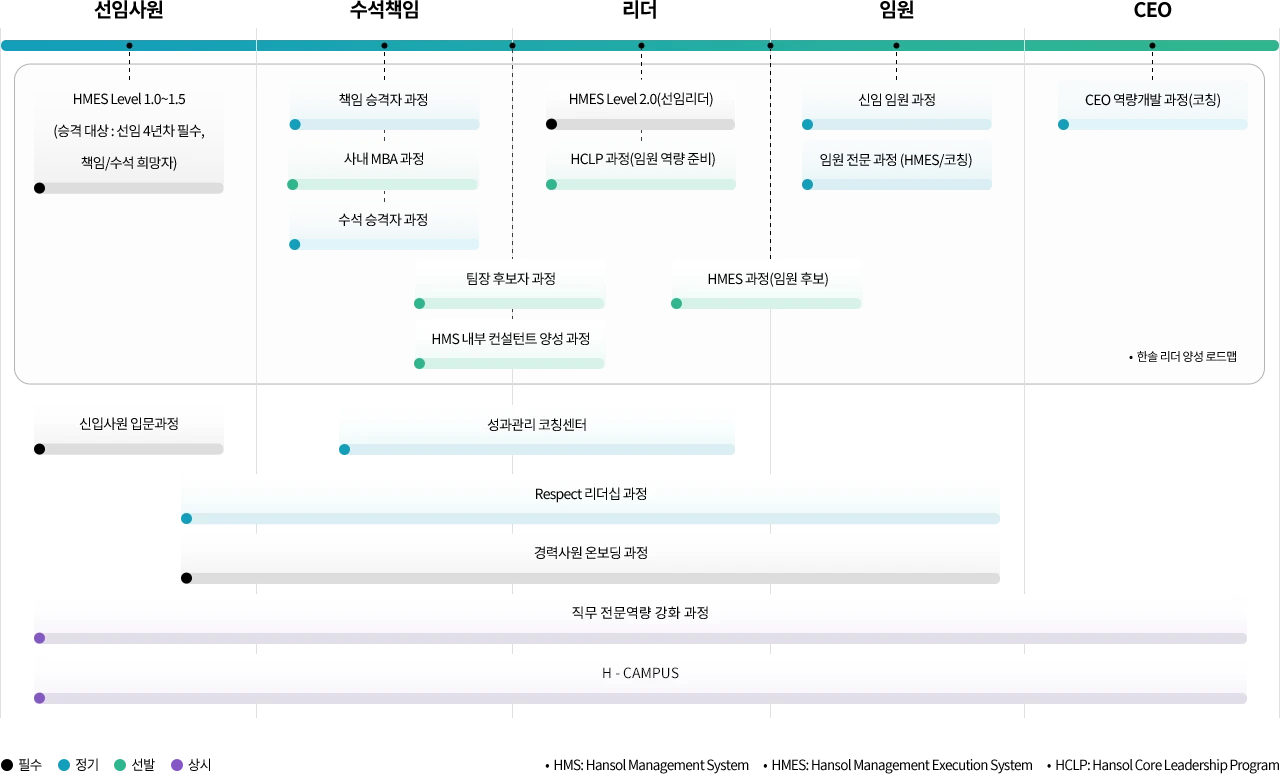 한솔 리더 양성 로드맵 — 선임사원·수석책임·리더·임원·CEO 단계별 육성 프로그램 (HMES Level / 사내 MBA / HCLP / Respect 리더십 / 직무 전문역량 강화 / H-CAMPUS 등)