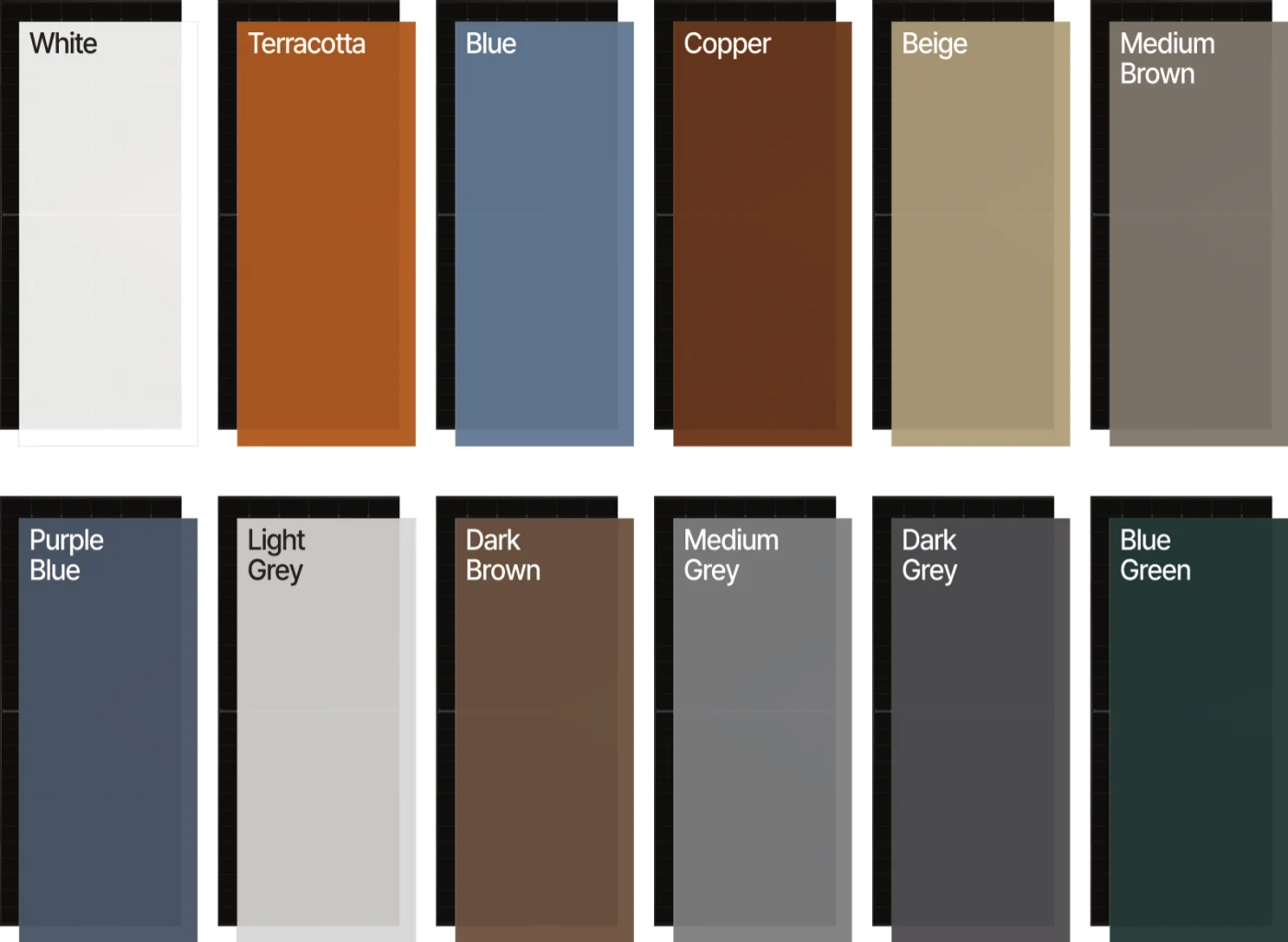 컬러드 PV 대표 12색 — White·Terracotta·Blue·Copper·Beige·Medium Brown·Purple Blue·Light Grey·Dark Brown·Medium Grey·Dark Grey·Blue Green